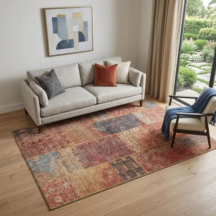 Red Blue And Gold Patchwork Washable Area Rug With UV Protection Photo 1