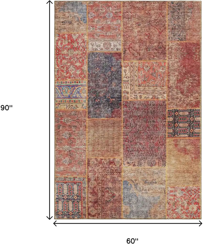 Red Blue And Gold Patchwork Washable Area Rug With UV Protection Photo 3