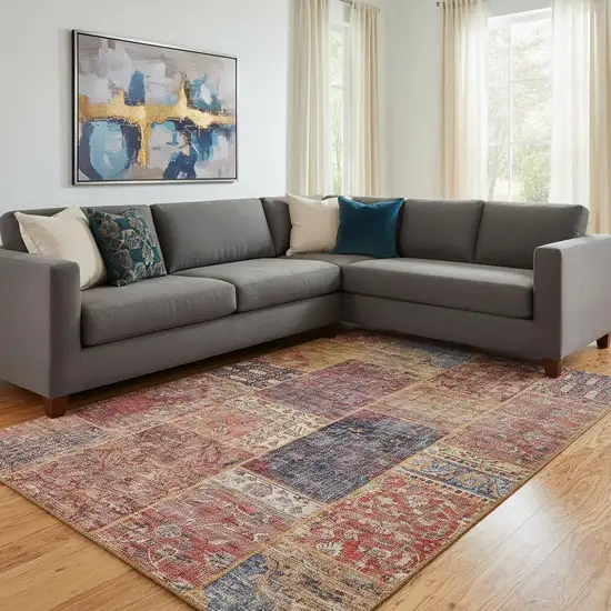 Red Blue And Gold Patchwork Washable Area Rug With UV Protection Photo 1