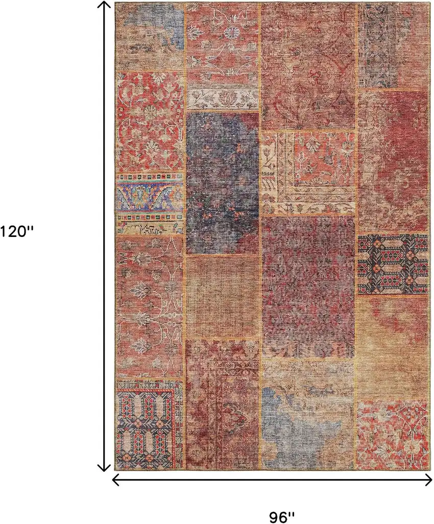 Red Blue And Gold Patchwork Washable Area Rug With UV Protection Photo 3