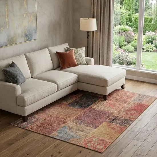 Red Blue And Gold Patchwork Washable Area Rug With UV Protection Photo 1