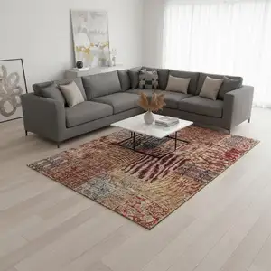 Photo of Red Blue And Gold Patchwork Washable Area Rug With UV Protection