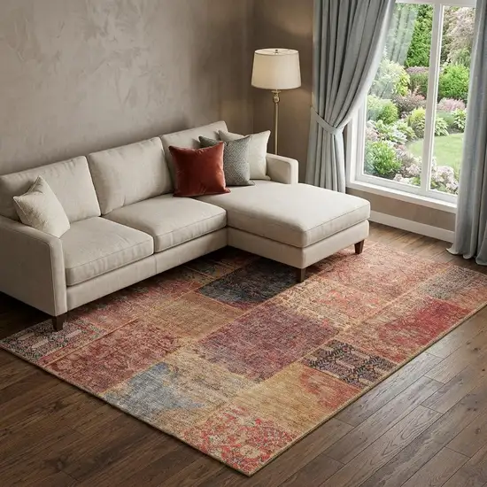 Red Blue And Gold Patchwork Washable Area Rug With UV Protection Photo 1