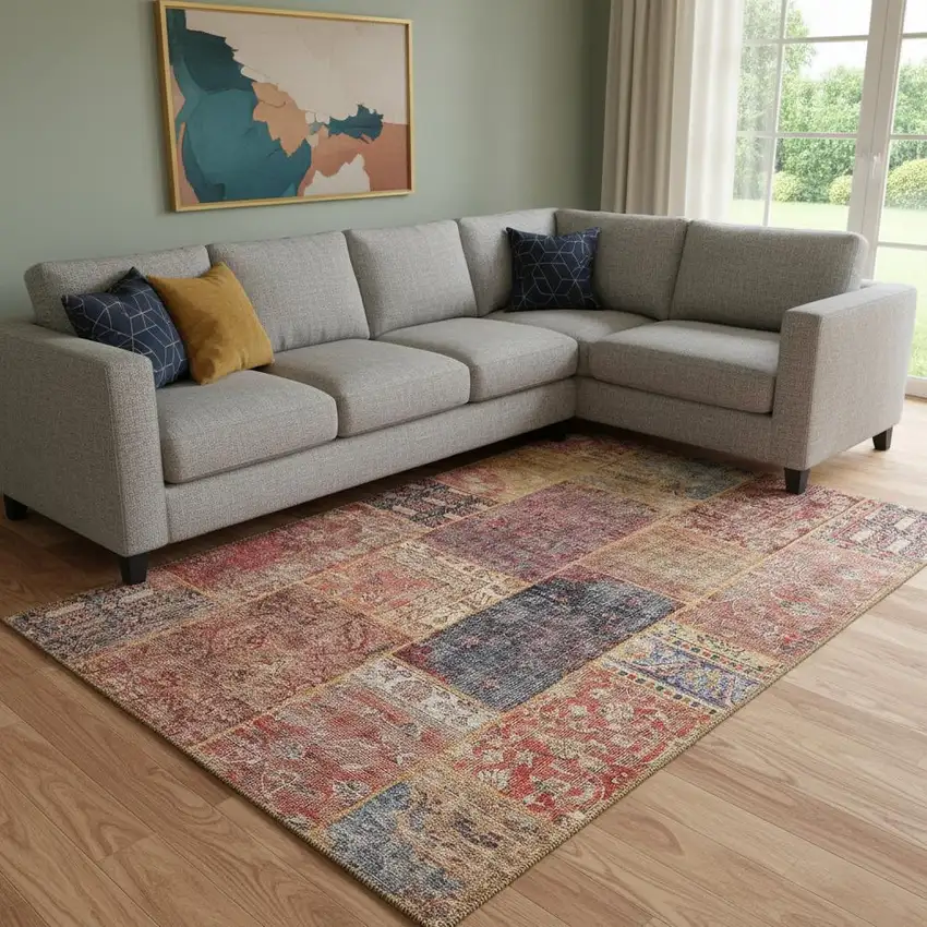 Red Blue And Gold Patchwork Washable Area Rug With UV Protection Photo 1