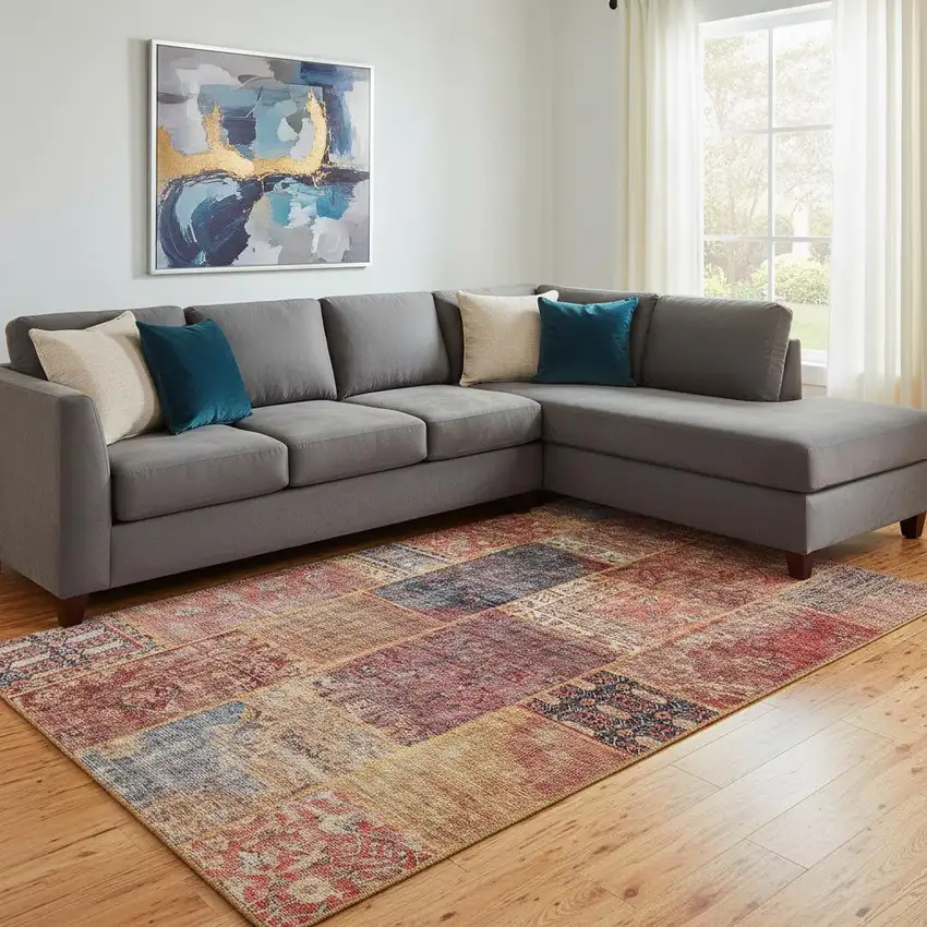 Red Blue And Gold Patchwork Washable Area Rug With UV Protection Photo 1