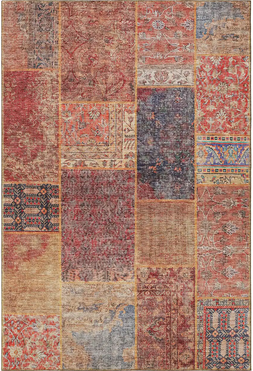 Red Blue And Gold Patchwork Washable Area Rug With UV Protection Photo 4