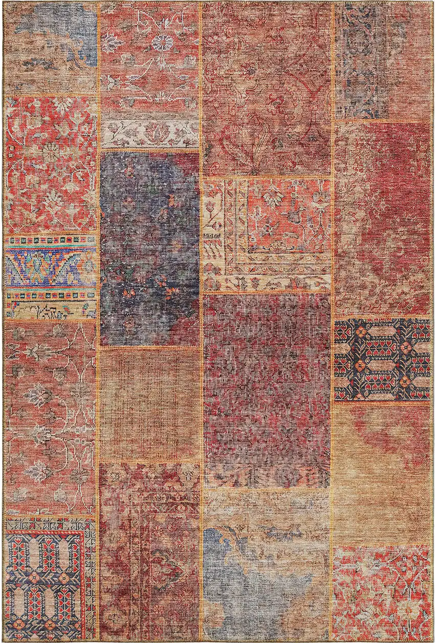 Red Blue And Gold Patchwork Washable Area Rug With UV Protection Photo 2