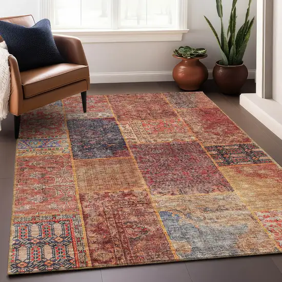 Red Blue And Gold Patchwork Washable Area Rug With UV Protection Photo 7