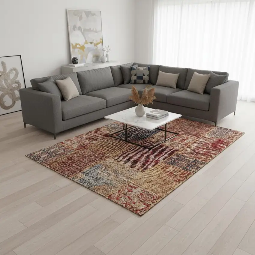 Red Blue And Gold Patchwork Washable Area Rug With UV Protection Photo 1