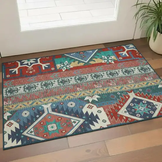 Red Blue And Green Southwestern Washable Area Rug With UV Protection Photo 2