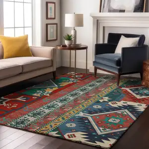 Photo of Red Blue And Green Southwestern Washable Area Rug With UV Protection
