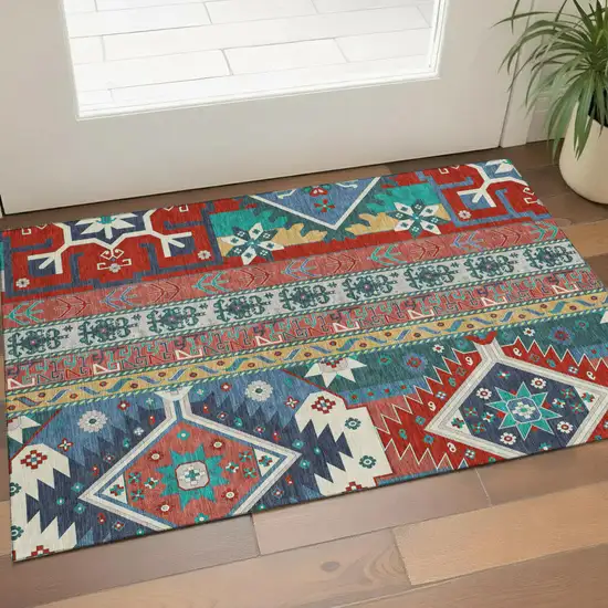 Red Blue And Green Southwestern Washable Area Rug With UV Protection Photo 1