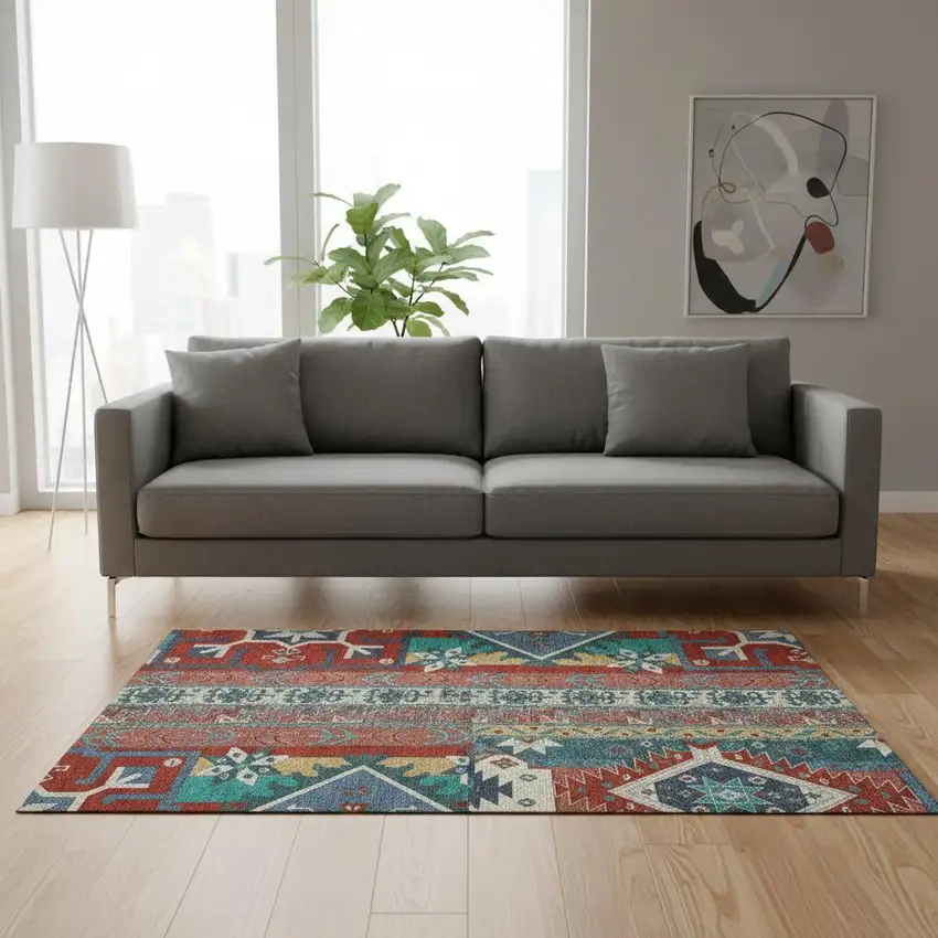 Red Blue And Green Southwestern Washable Area Rug With UV Protection Photo 2