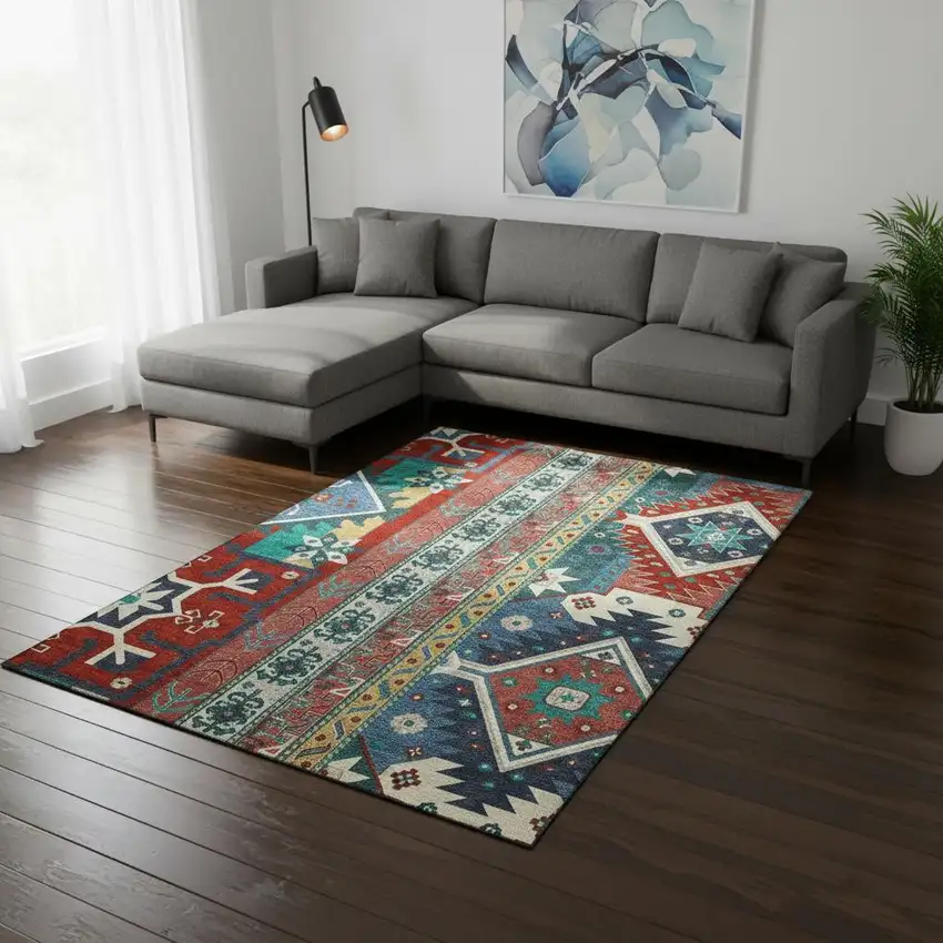 Red Blue And Green Southwestern Washable Area Rug With UV Protection Photo 2