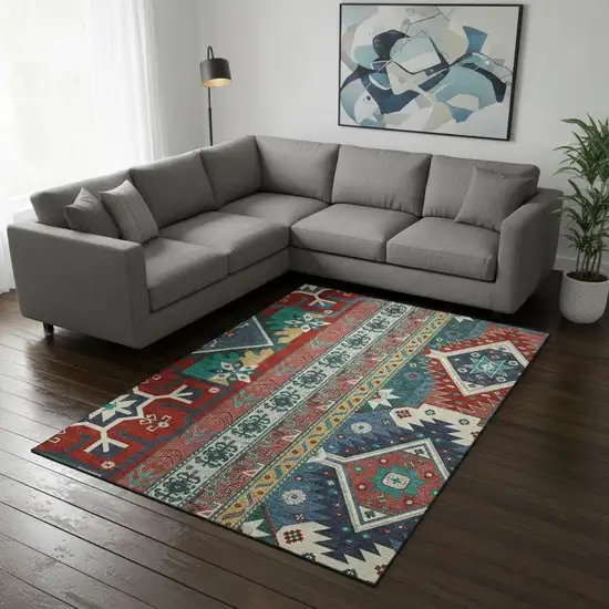 Red Blue And Green Southwestern Washable Area Rug With UV Protection Photo 2