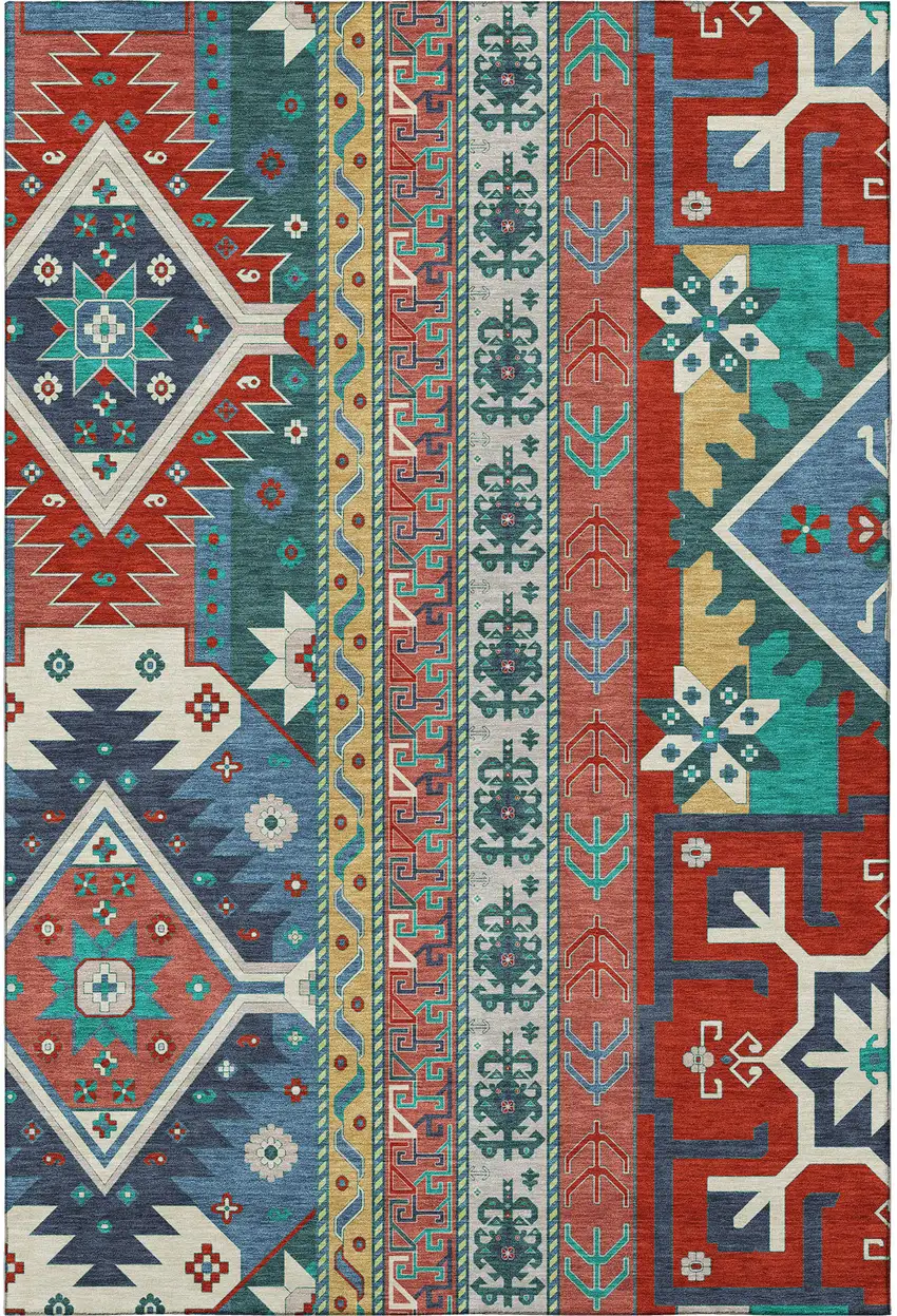 Red Blue And Green Southwestern Washable Area Rug With UV Protection Photo 3