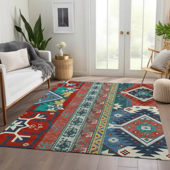 Red Blue And Green Southwestern Washable Area Rug With UV Protection Photo 6
