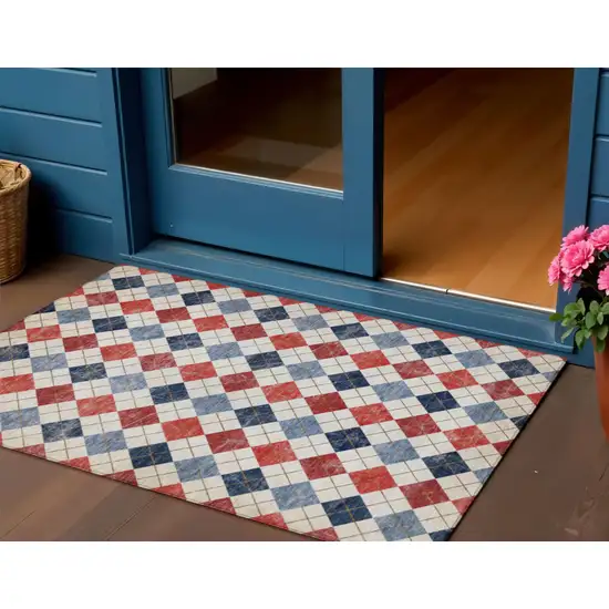 Red Blue And Ivory Geometric Washable Indoor Outdoor Area Rug Photo 1