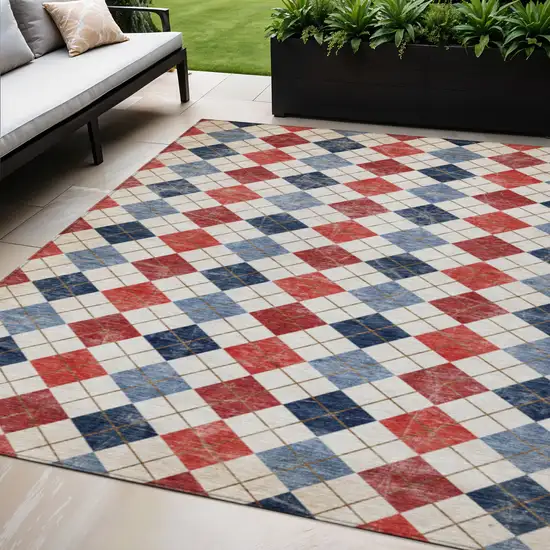 Red Blue And Ivory Geometric Washable Indoor Outdoor Area Rug Photo 1