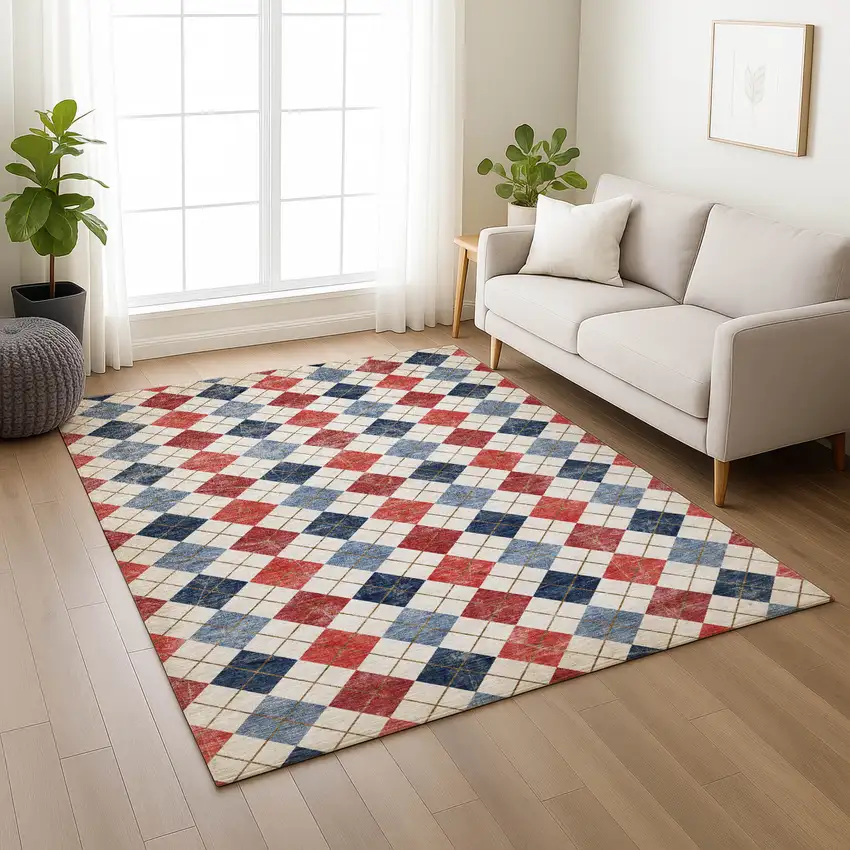 Red Blue And Ivory Geometric Washable Indoor Outdoor Area Rug Photo 9