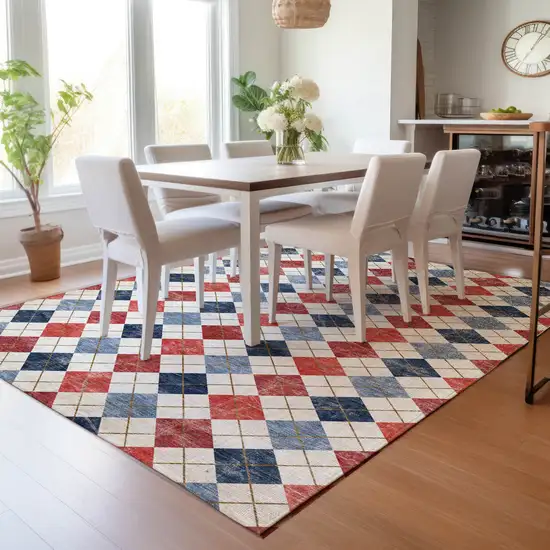 Red Blue And Ivory Geometric Washable Indoor Outdoor Area Rug Photo 9