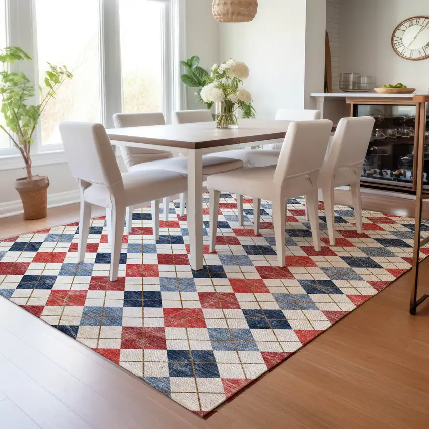 Red Blue And Ivory Geometric Washable Indoor Outdoor Area Rug Photo 9