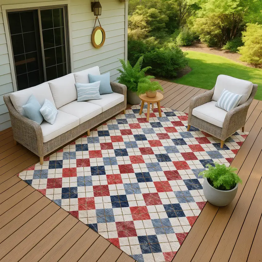 Red Blue And Ivory Geometric Washable Indoor Outdoor Area Rug Photo 8