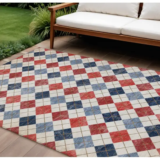 Red Blue And Ivory Geometric Washable Indoor Outdoor Area Rug Photo 1