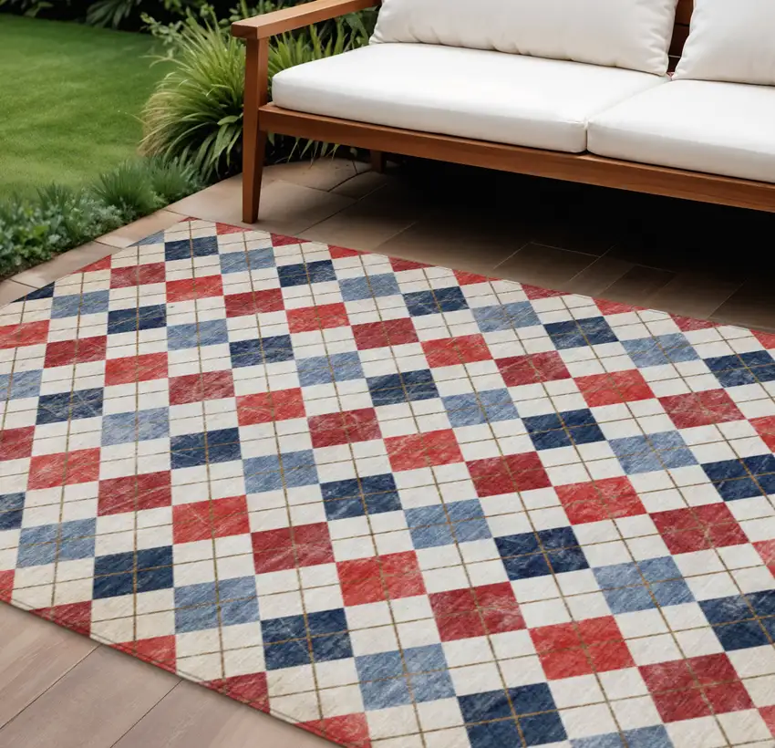 Red Blue And Ivory Geometric Washable Indoor Outdoor Area Rug Photo 1