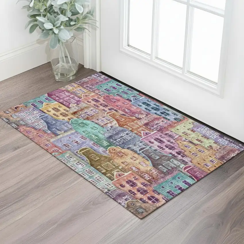 Red Blue And Lavender Abstract Geometric Washable Area Rug With UV Protection Photo 1