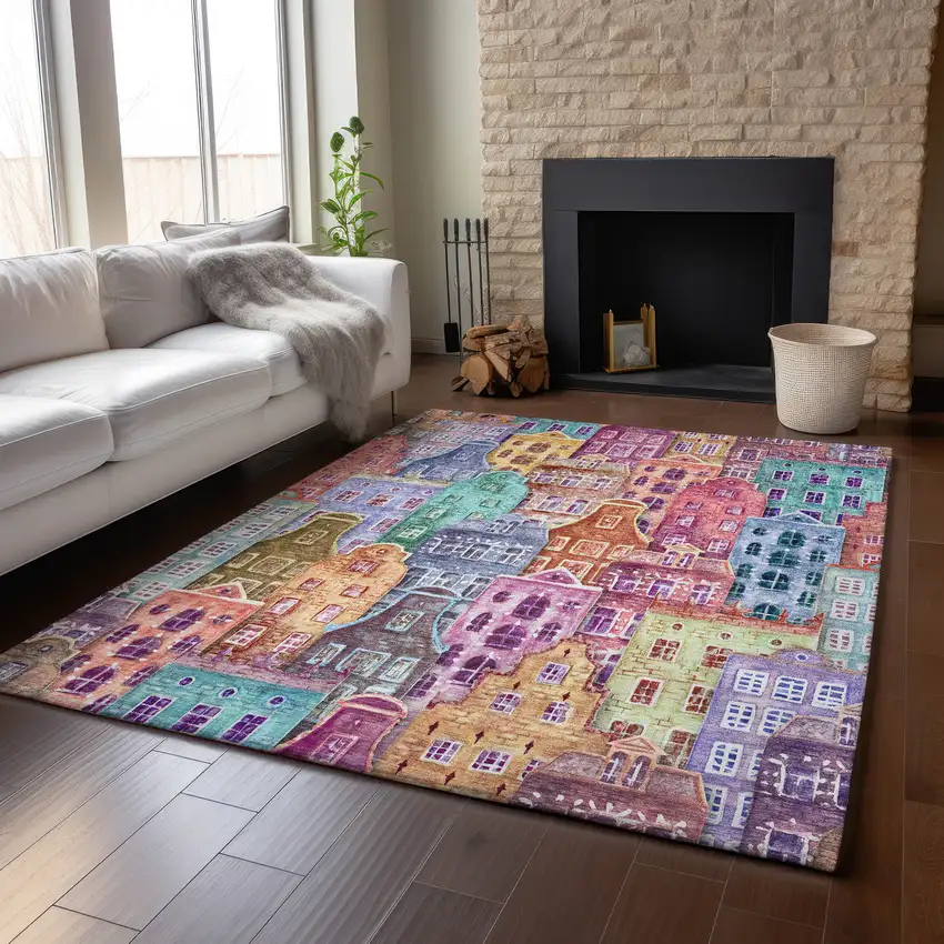 Red Blue And Lavender Abstract Geometric Washable Area Rug With UV Protection Photo 6