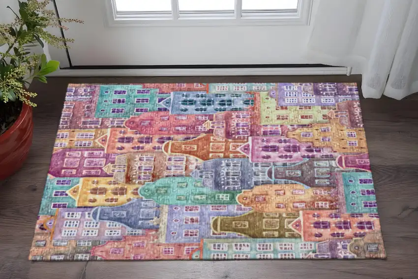 Red Blue And Lavender Abstract Geometric Washable Area Rug With UV Protection Photo 2