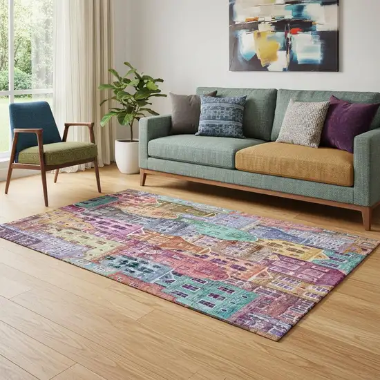 Red Blue And Lavender Abstract Geometric Washable Area Rug With UV Protection Photo 1