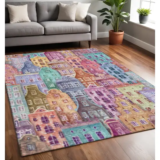 Red Blue And Lavender Abstract Geometric Washable Area Rug With UV Protection Photo 2