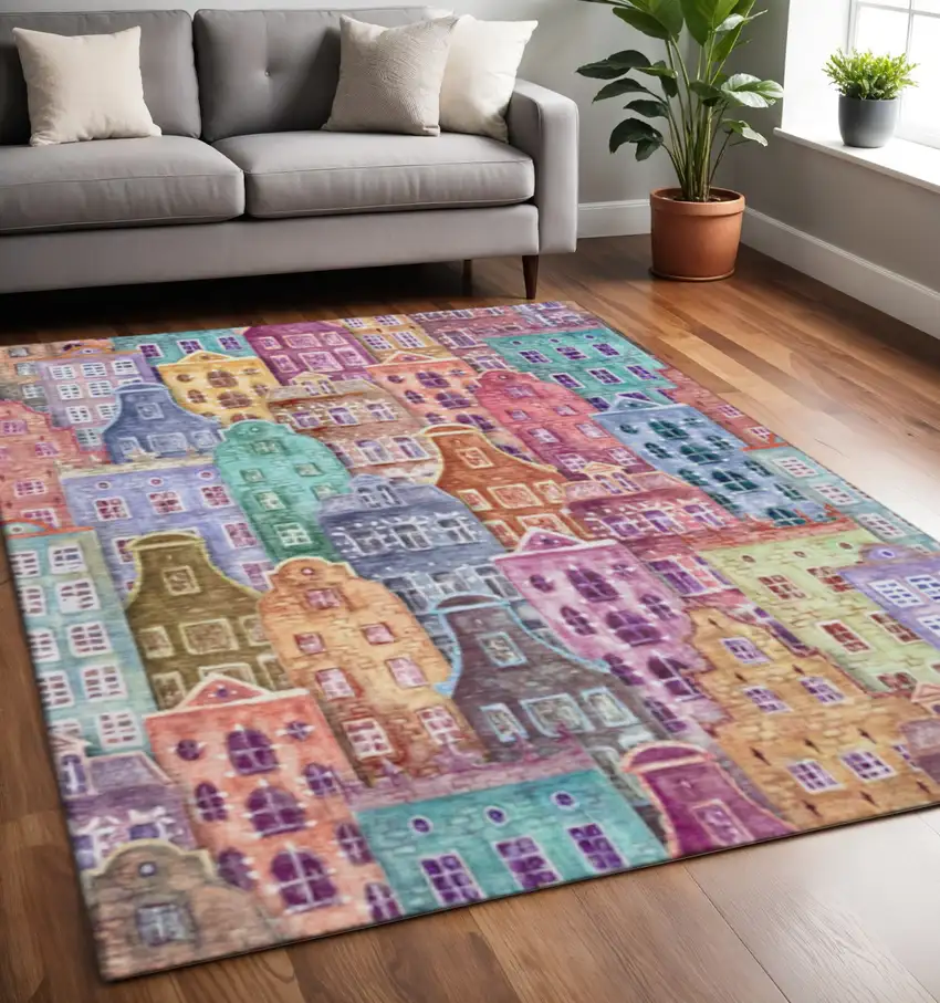Red Blue And Lavender Abstract Geometric Washable Area Rug With UV Protection Photo 2