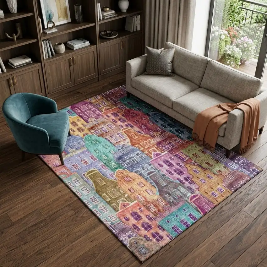 Red Blue And Lavender Abstract Geometric Washable Area Rug With UV Protection Photo 1