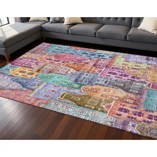 Red Blue And Lavender Abstract Geometric Washable Area Rug With UV Protection Photo 2