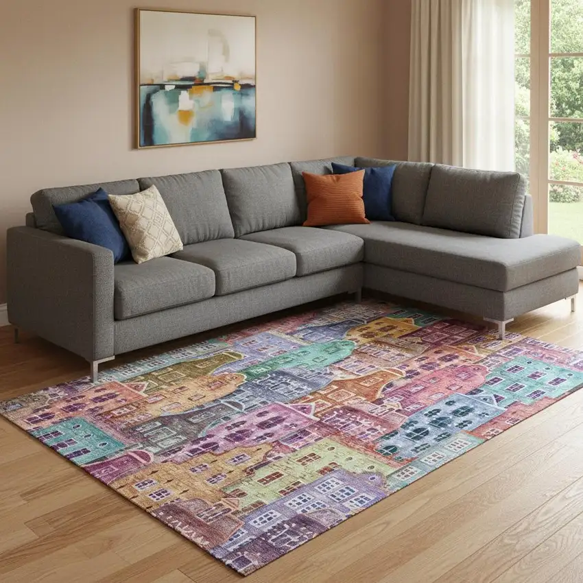 Red Blue And Lavender Abstract Geometric Washable Area Rug With UV Protection Photo 1