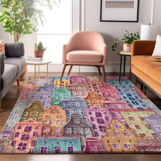 Red Blue And Lavender Abstract Geometric Washable Area Rug With UV Protection Photo 4