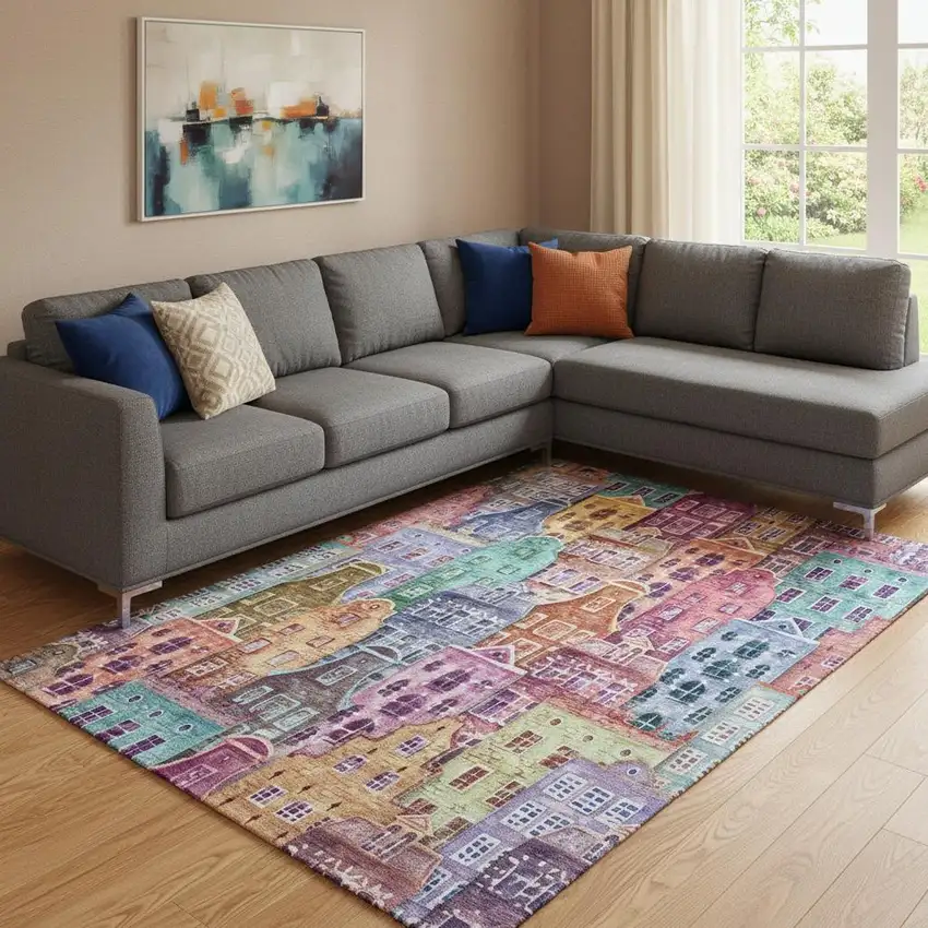 Red Blue And Lavender Abstract Geometric Washable Area Rug With UV Protection Photo 1