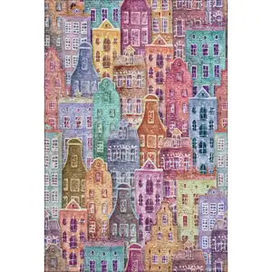 Photo of Red Blue And Lavender Abstract Geometric Washable Area Rug With UV Protection