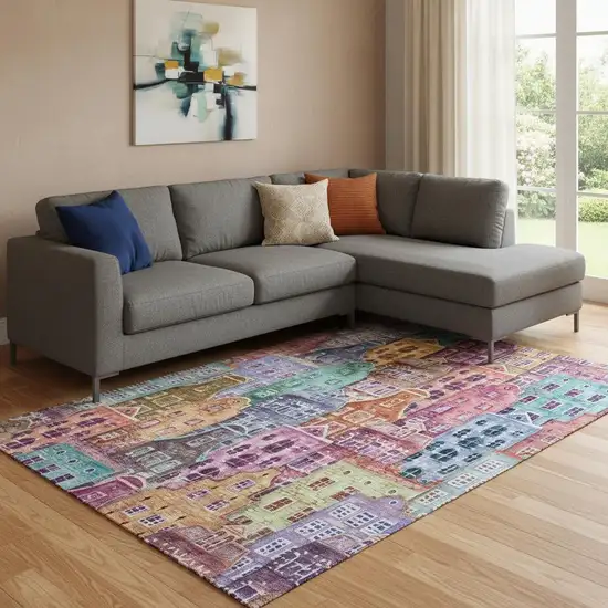 Red Blue And Lavender Abstract Geometric Washable Area Rug With UV Protection Photo 1