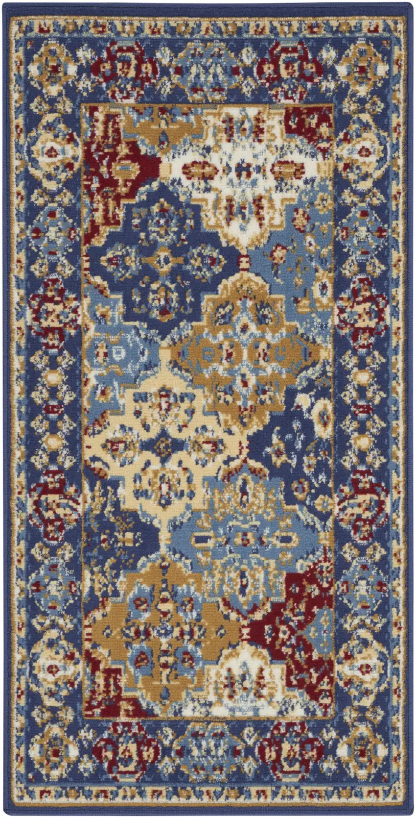 Red Blue And Light Brown Ogee Distressed Area Rug Photo 2
