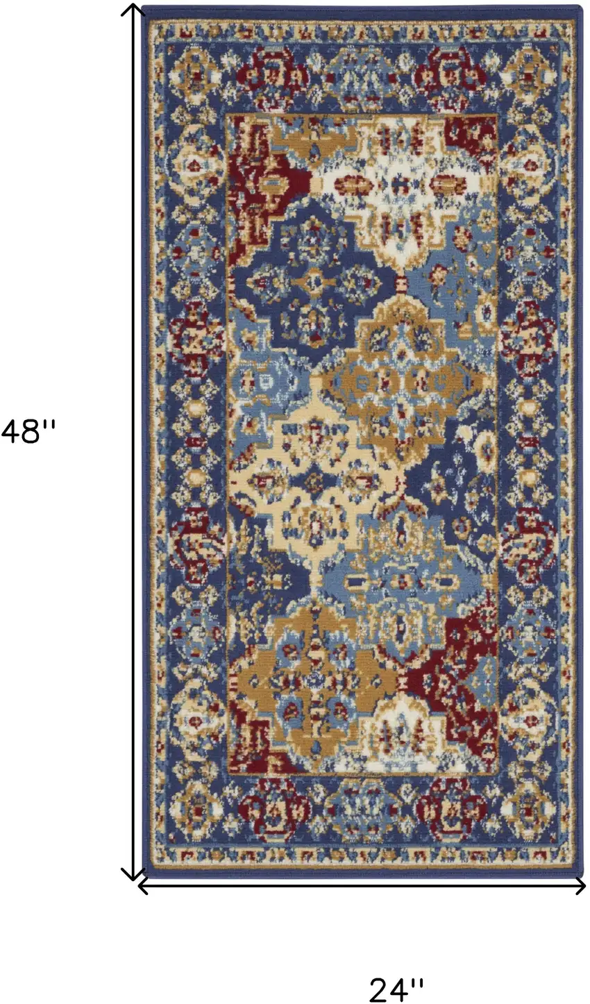 Red Blue And Light Brown Ogee Distressed Area Rug Photo 3
