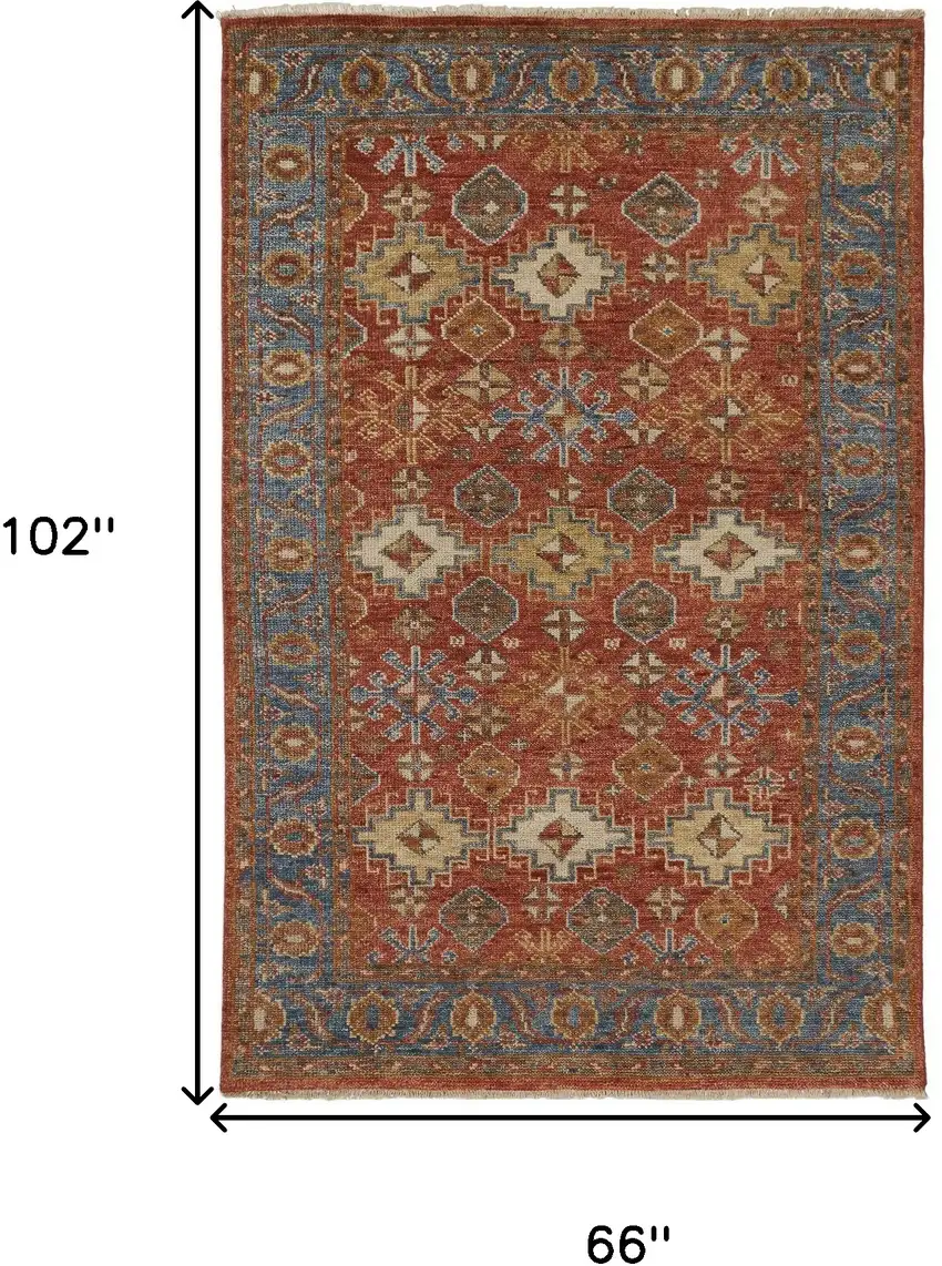 Red Blue And Orange Wool Floral Hand Knotted Stain Resistant Area Rug With Fringe Photo 7