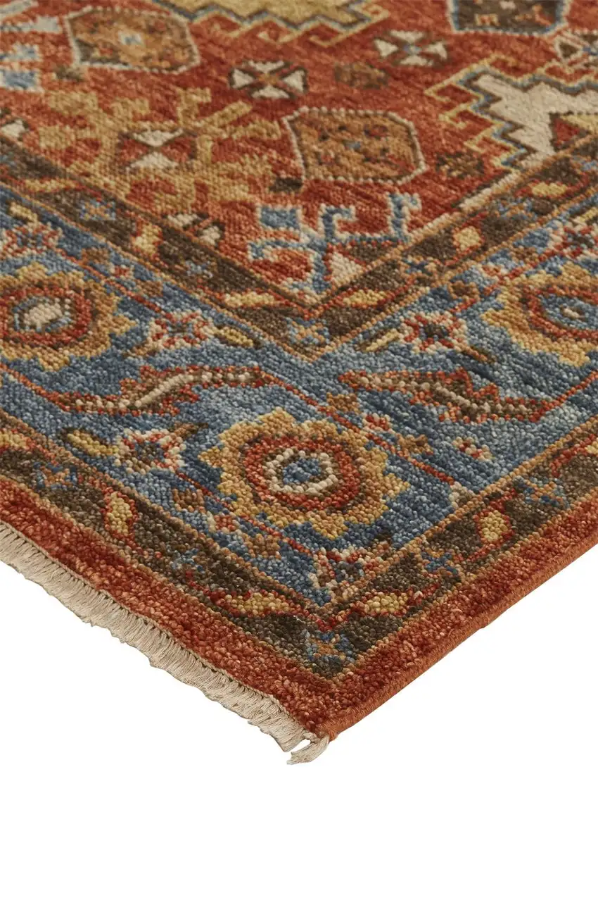 Red Blue And Orange Wool Floral Hand Knotted Stain Resistant Area Rug With Fringe Photo 4