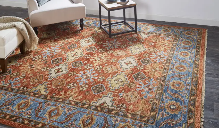Red Blue And Orange Wool Floral Hand Knotted Stain Resistant Area Rug With Fringe Photo 6