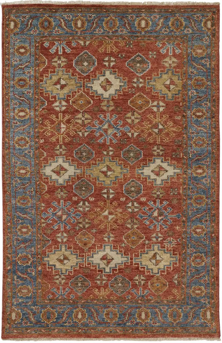 Red Blue And Orange Wool Floral Hand Knotted Stain Resistant Area Rug With Fringe Photo 1