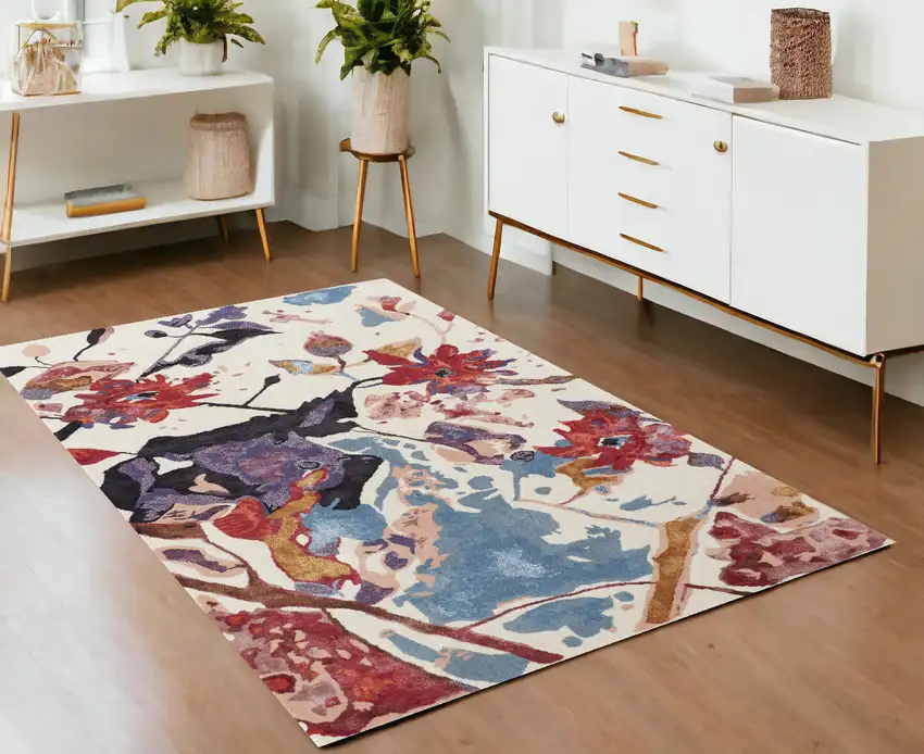 Blue and Red Floral Hand Tufted Area Rug Photo 1
