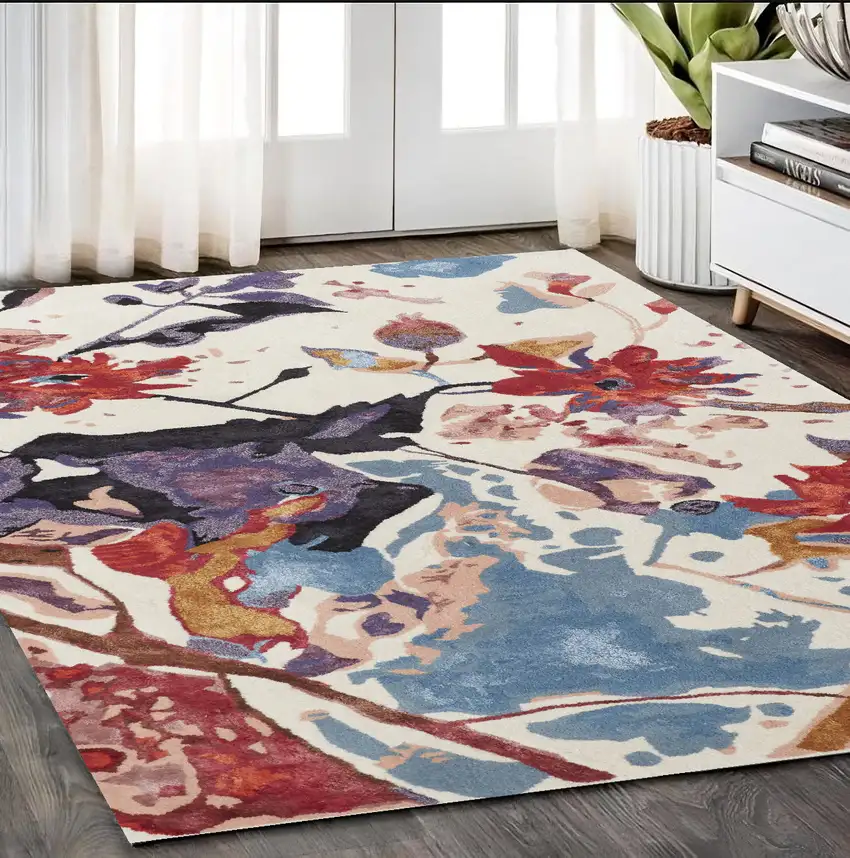 Blue and Red Floral Hand Tufted Area Rug Photo 1